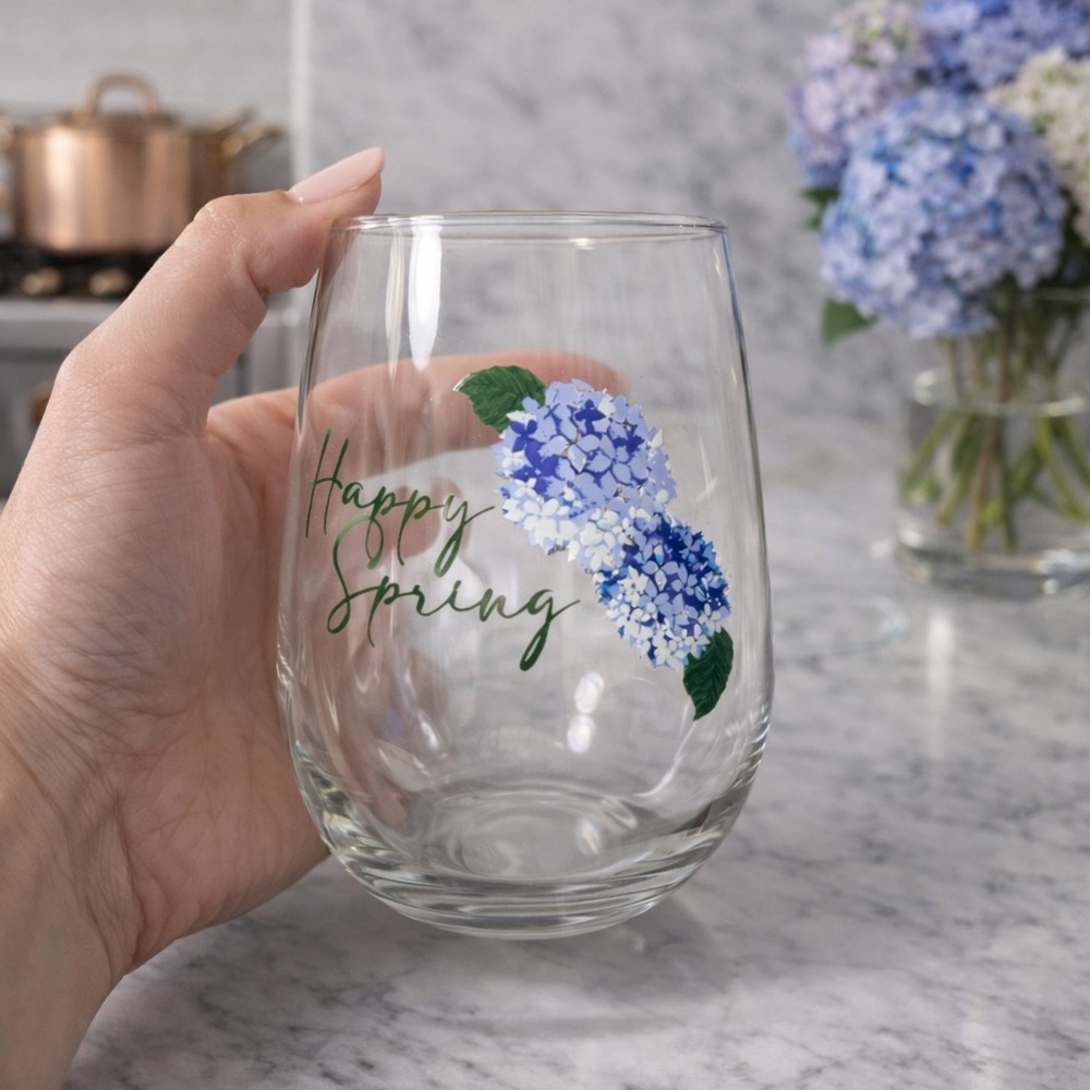 Set of 4 'Happy Spring' Floral Stemless Glasses. Juice glass, water glass, wine - Picture 4 of 9